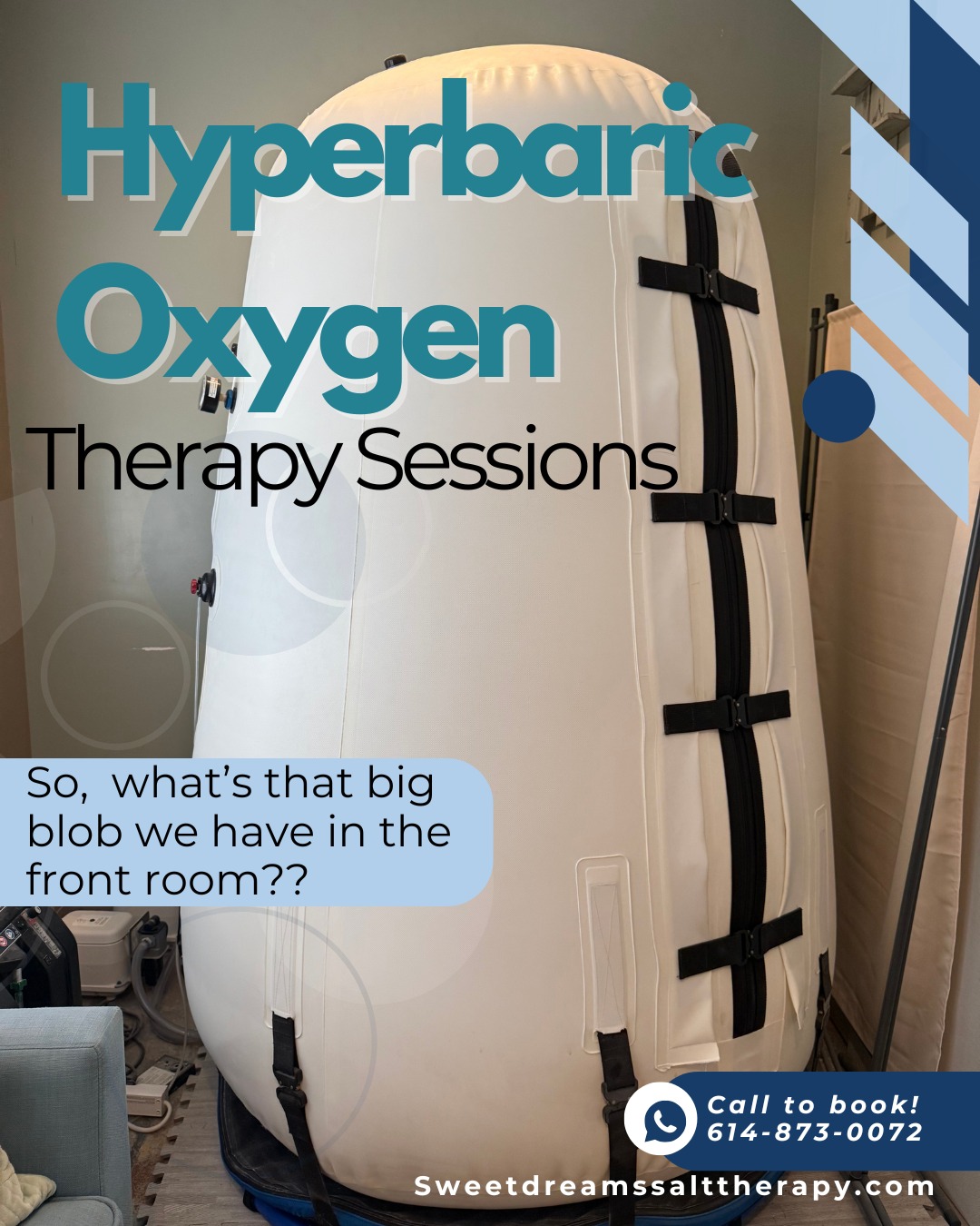 Soft-side mild hyperbaric oxygen chamber at Sweet Dreams Salt Therapy in Plain City, Ohio